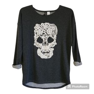 DIVIDED by H&M Dark Gray Long Sleeve Lace Embroidered Skull Sweatshirt Top Sz. 4